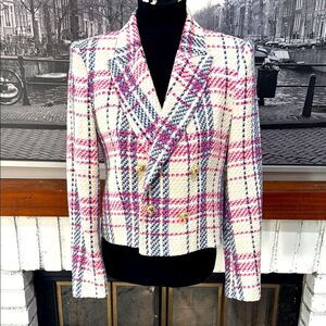 Zara Women Tweed Blazer Jacket White Blue Pink Medium Work Office Casual
